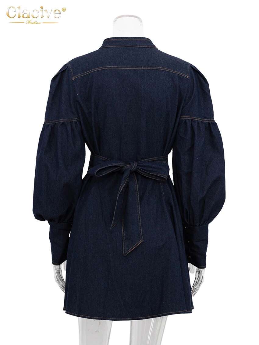 Clacive Fashion Slim Blue Denim Women's 2024 Elegant Stand Collar Long Sleeve Mini Dresses Vintage High Waist Female Dress