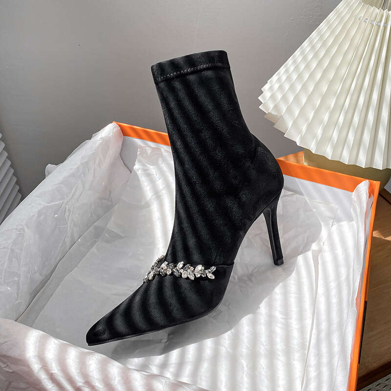 Woman Sandals Black Suede High Heeled Short For Women New Style French Rhinestone Pointed Thin Heel Elastic With Fleece Slimming Boots
