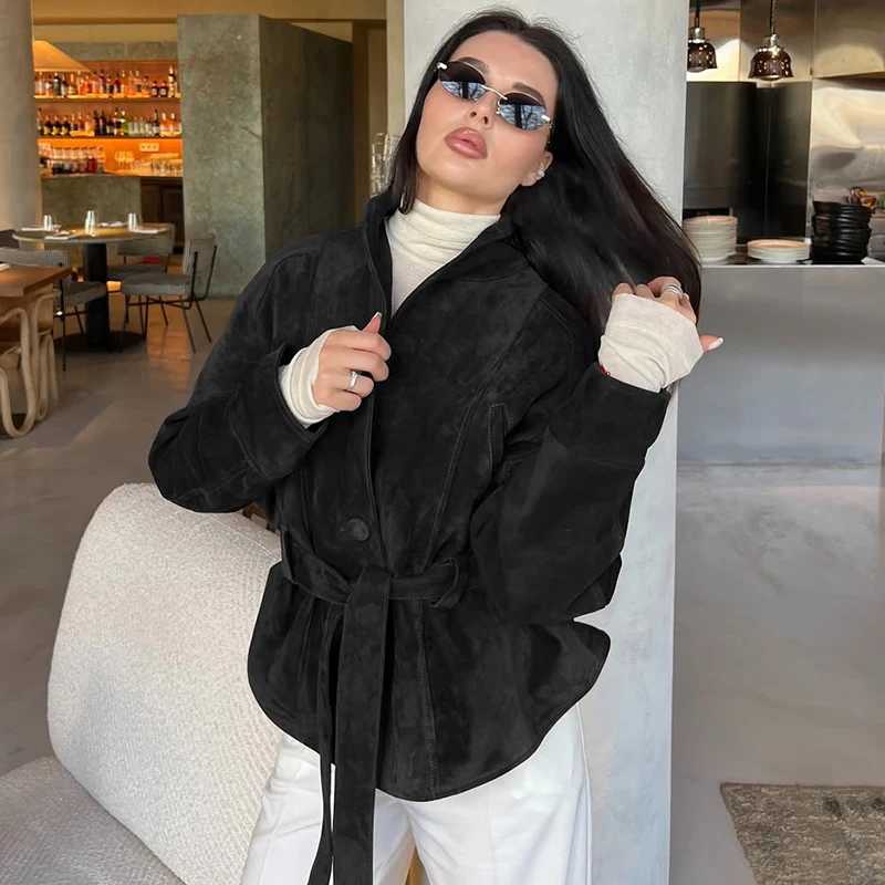 Tornova Retro Suede Long-sleeved Jacket Coat Female V neck Lace Up Jacket 2025 Autumn Winter New Commute Office Lady Outerwear J251124