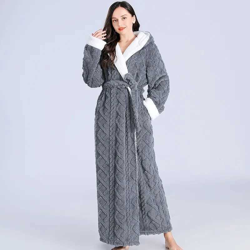 Women Men Thermal Luxury Flannel Extra Long Bath Robe Winter Sexy Jacquard Bathrobe Warm Kimono Dressing Gown Hooded Robes C251124