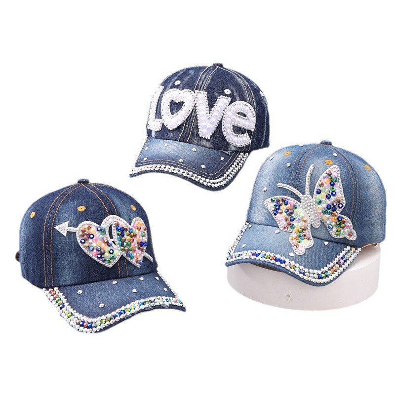 New womens denim baseball hats with trendy colored diamonds love heart butterfly curved brim and duckbill design designer beanie bonnet bonnet luxe be - view 7