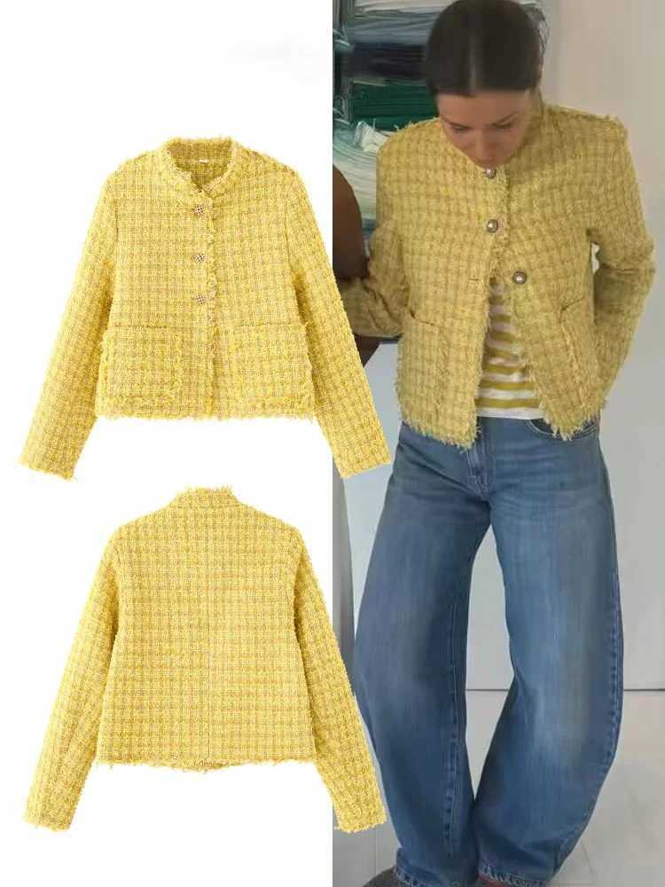 HH Fashion Women Yellow Tweed Jackets Slim Single Breasted Long Sleeve Autumn Coats Female Small Fragrant Style Outerwear J251124