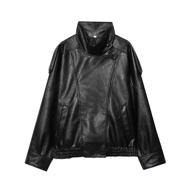MUJER Black Bomber Jackets for Women Office Faux Leather Womens Jacket Snap Button Winter Coats for Women Overcoat Outerwears J251124