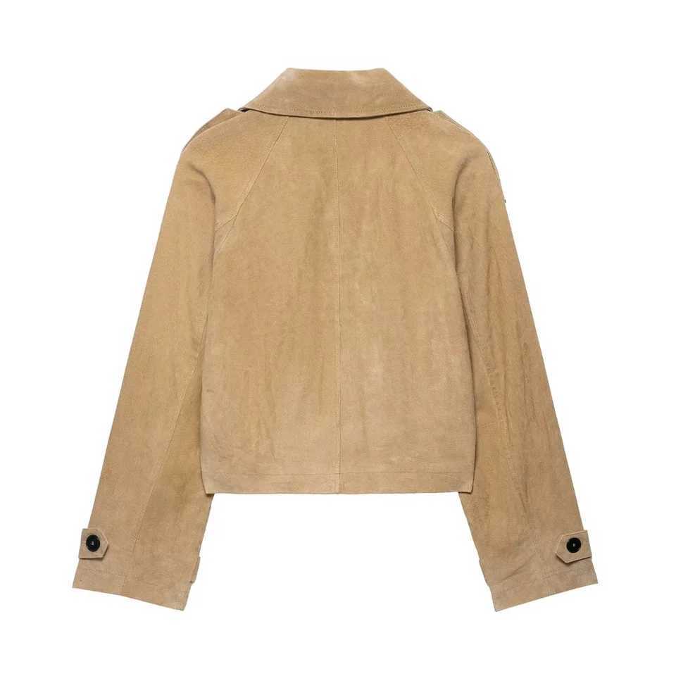 Womens trench coat style loose short jacket with lapel long sleeved button pocket shoulder patch autumn and winter new J251124