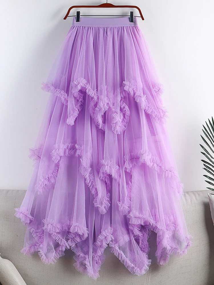 TIGENA TUTU TULLE Womens Long Dress Summer Korean Beauty Cute Irregular Mesh High Waist Long Dress Womens M250424
