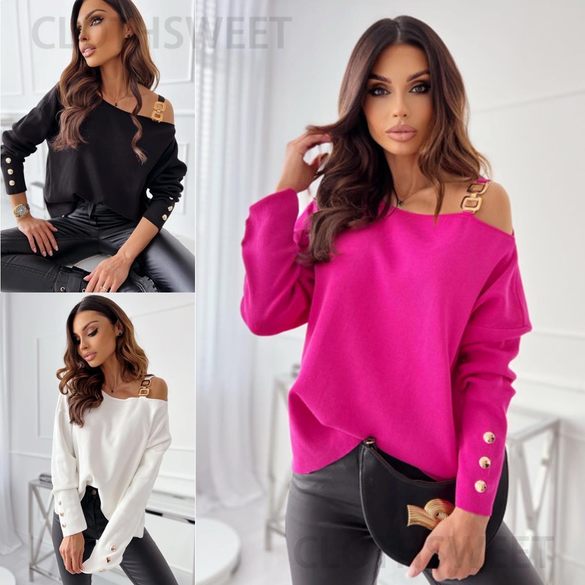 2022 New Fashion Sexy Chain Button Decoration Long Sleeve Top Women