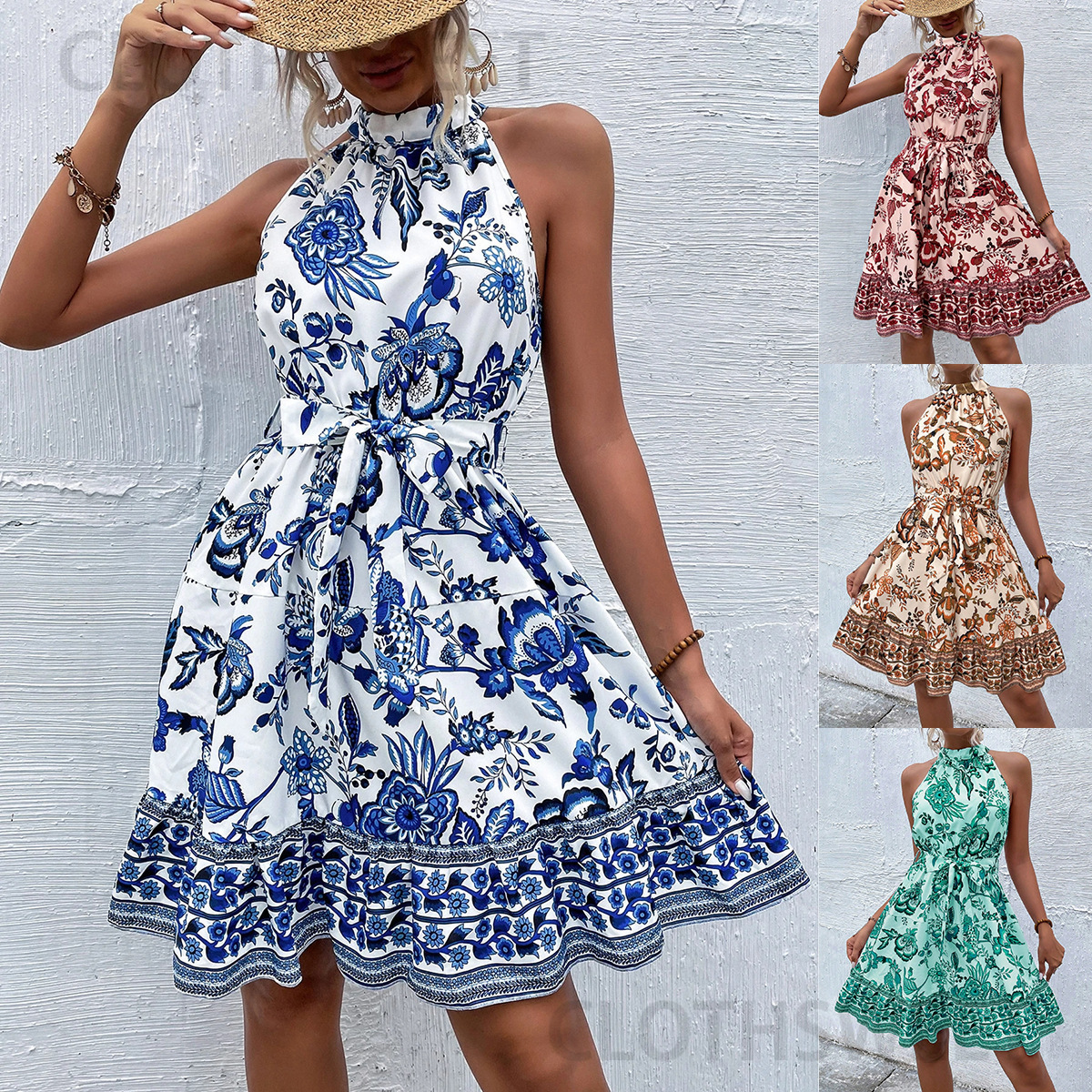 2025 New Summer Floral Hanging Neck and Waist Sleeveless Printed Dress for Women