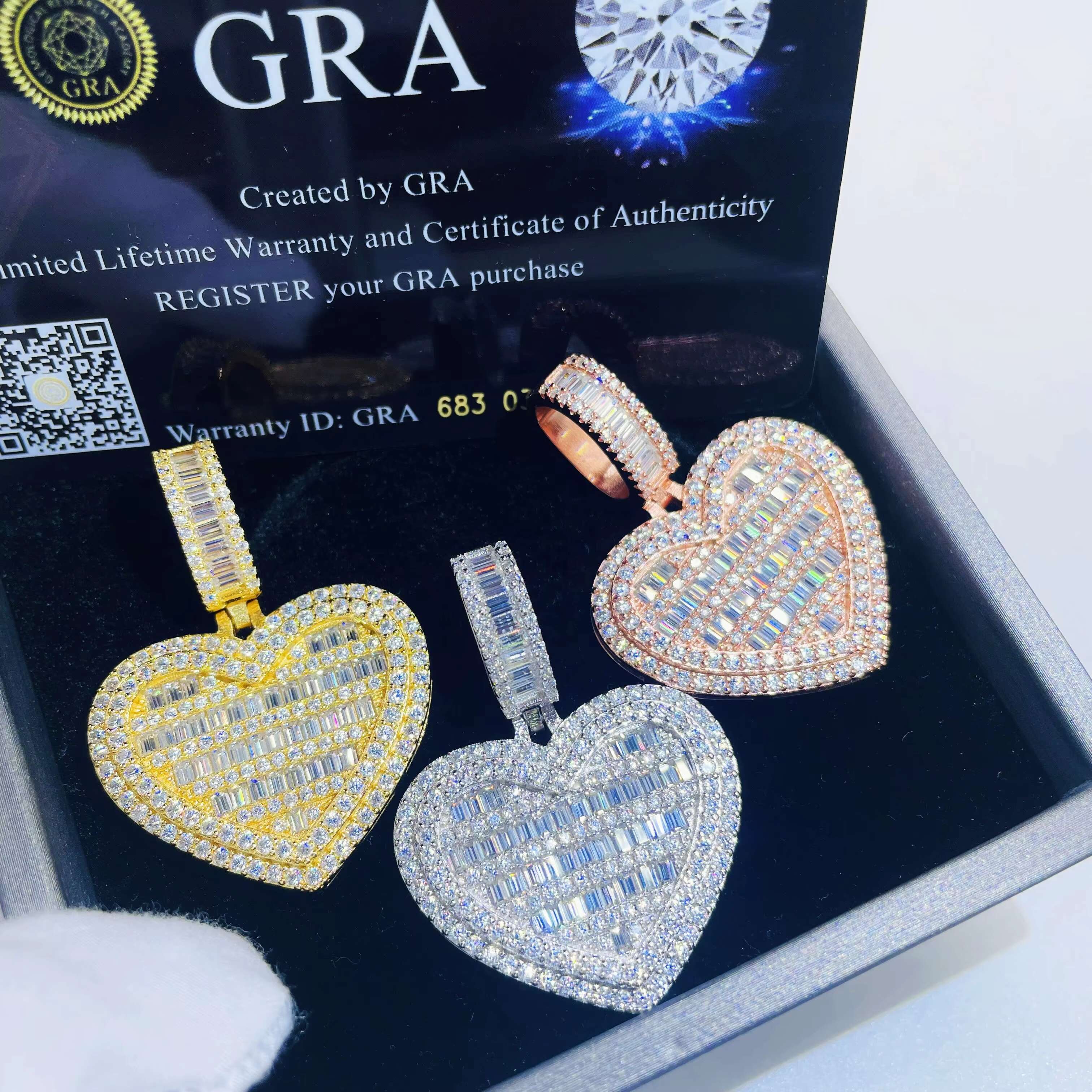 Men Women Necklace Moissanite Jewelry Hip Hop Heart Shape Pendant Baguette Vvs Diamond Custom 925 Sterling Silver Pendant