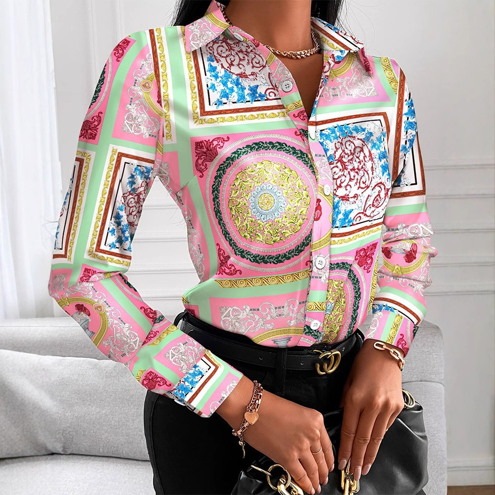 2021 autumn loose long sleeve V-neck button printed shirt womens wear
