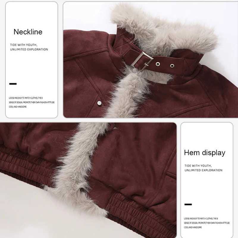 American Retro Mountain Carving Imitation Fur All-In-One Short Thickened Warm Lapel Cotton Jacket J251124