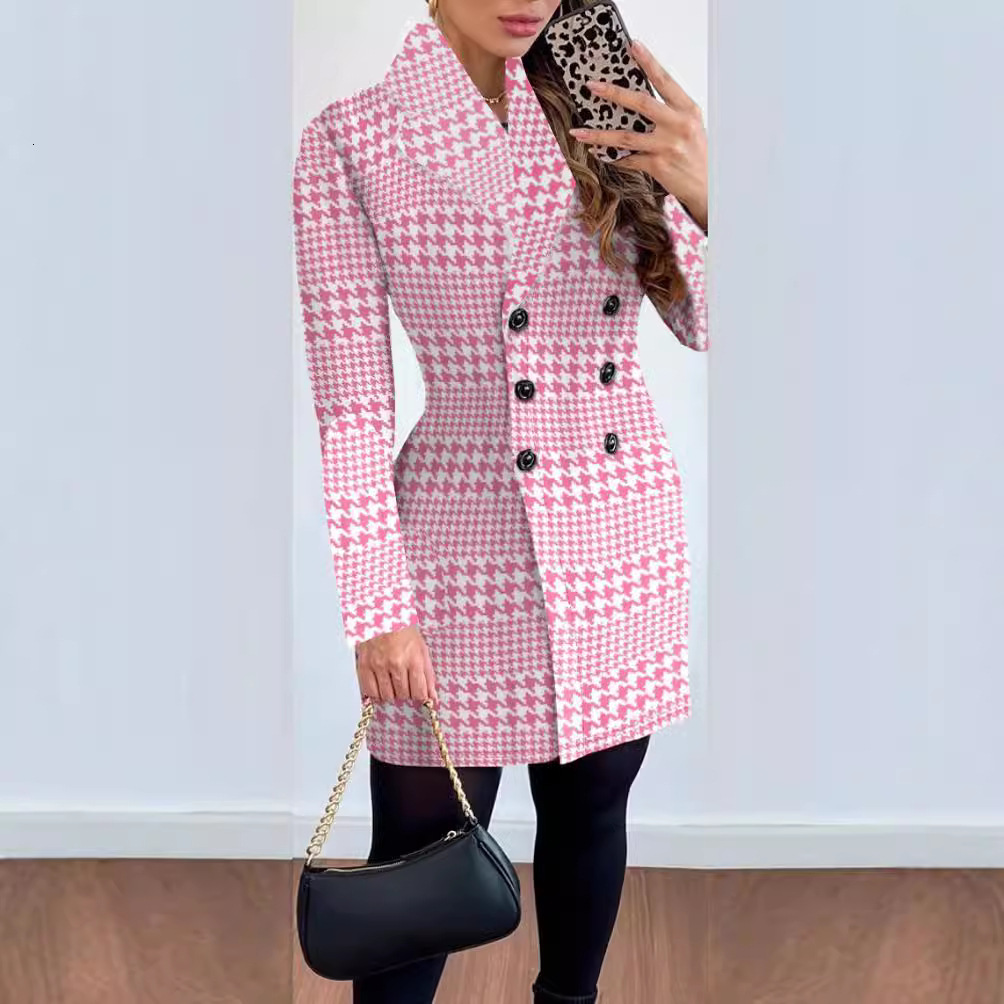 2023 Autumn/Winter Long sleeved Double breasted Suit Collar Printed Small Coat Womens Wear