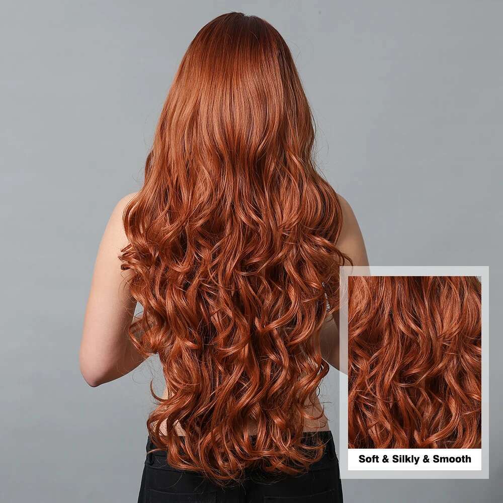 GEMMA Copper Ginger Long Wavy Synthetic Red Brown Wigs With Bangs For Women Natural Hair Cosplay Daily Wig Heat Resistant