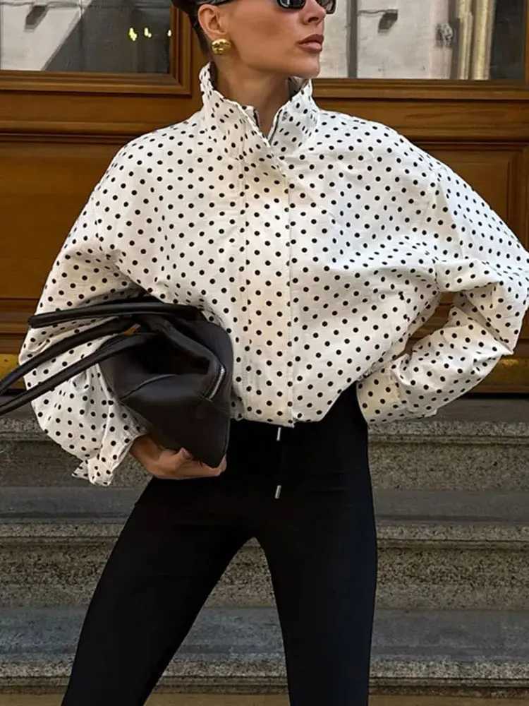 Woman Polka Dot Print Jacket Turtleneck Long Sleeves Zipper Drawstring Coats Streetwear Pockets Womens New In Outerwear J251124