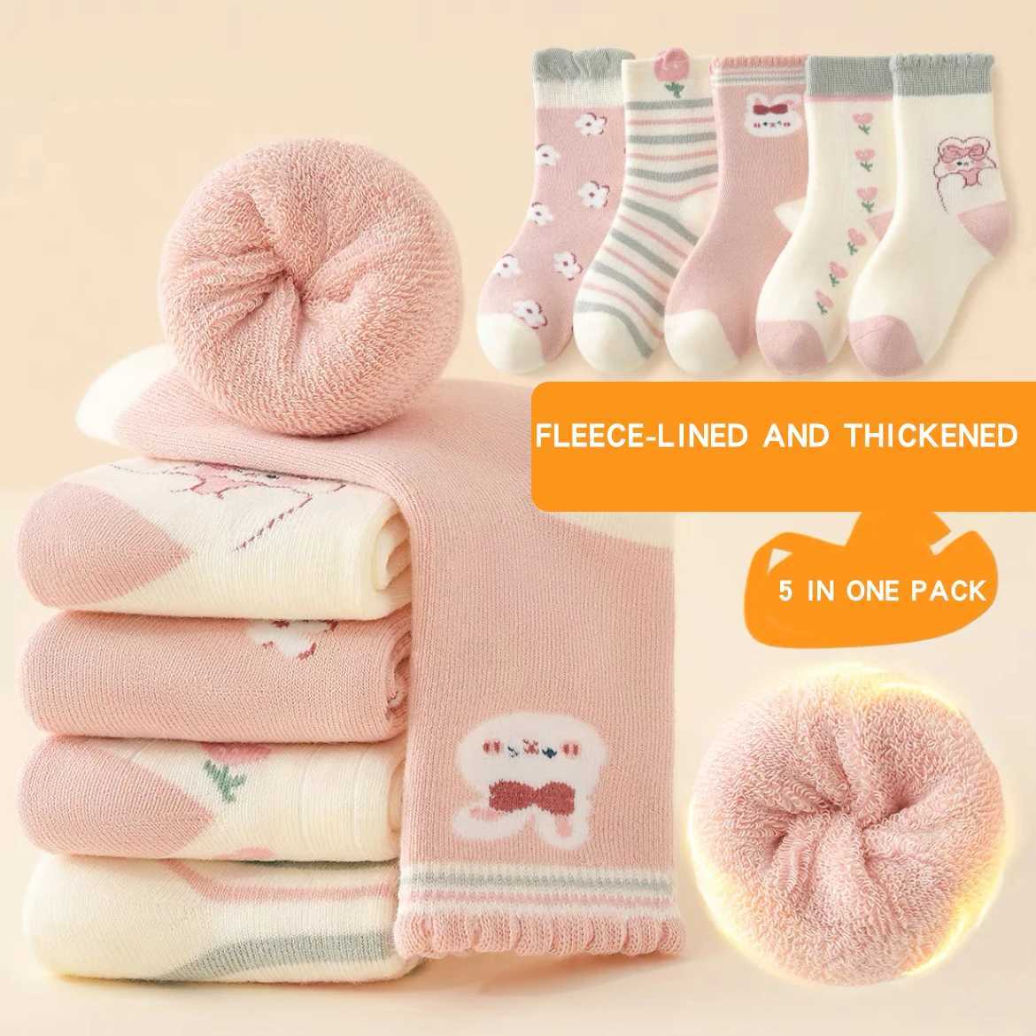 5 Pairs Thickened Fleece Rabbits Pattern Children Girls Warm Socks Lovely Trendy Soft Comfortable Elastic Half Sock for Girls G251124