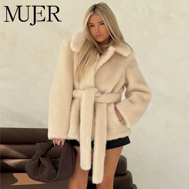 MUJER Faux Fur Plush Jacket Women Fluffy Demi-season Jackets for Women Warm Winter Womens Teddy Coats Belt New in Outerwears J251124