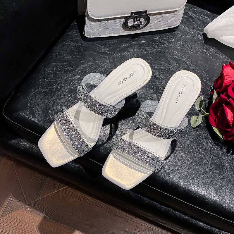 Woman Sandals Summer New Silver Glitter Strap High Heel Slippers For Women Wearing Square Headed Open Toed Sandals With Irregular Heels