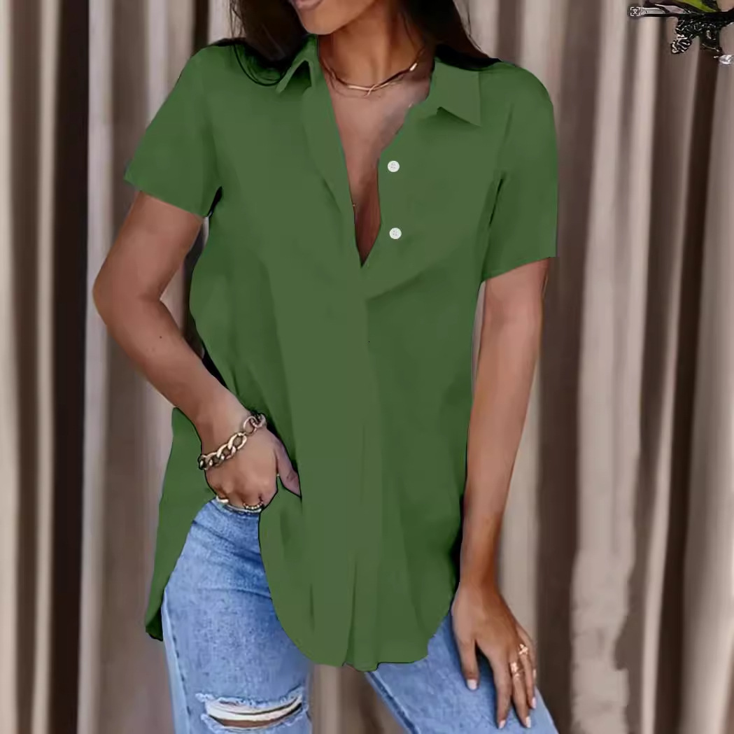 2024 Summer Simple Solid Color V-neck Button Womens Shirt