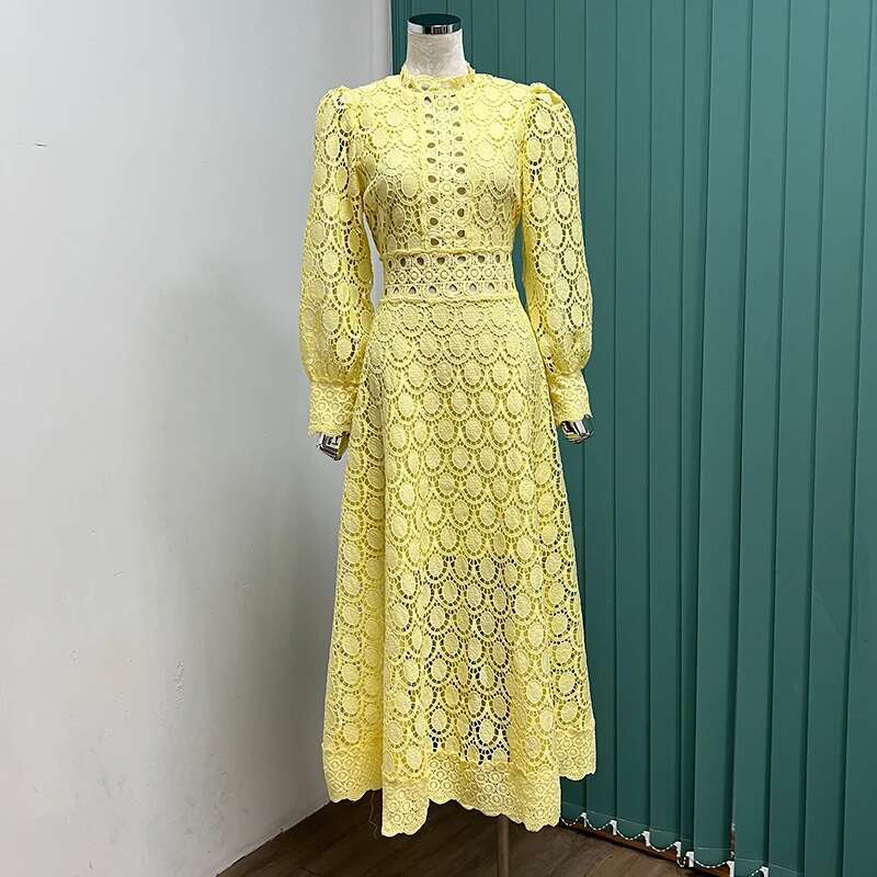 Lace Hollow Out Long Dresses Women 2025 Spring Holiday Full Sleeve Embroidery Elegant Party Vestidos Wedding Robe White