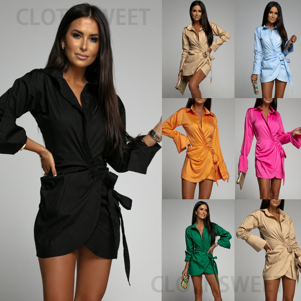 2022 Autumn Fashion Long Sleeve Solid V-Neck Shirt Dress for Women
