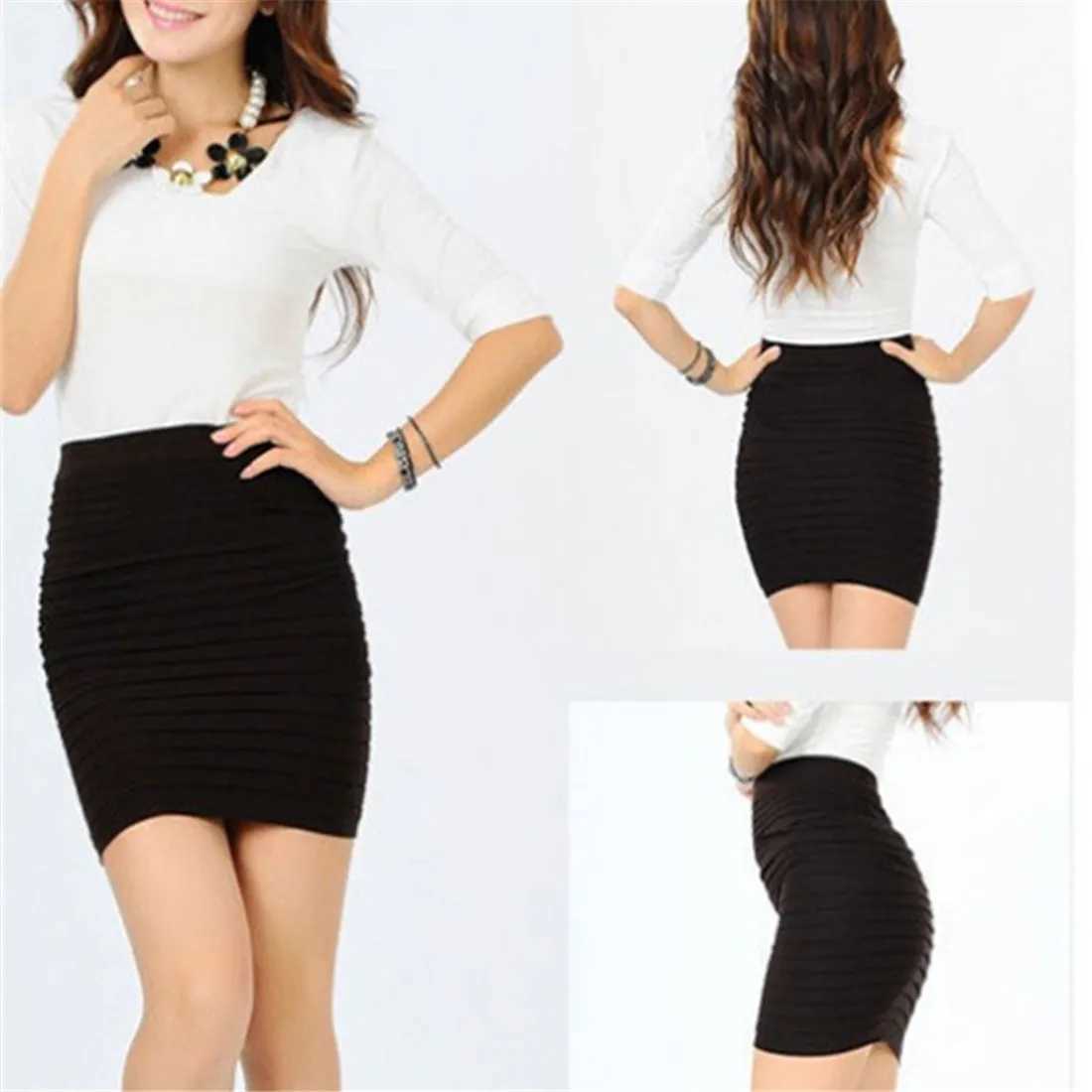 Summer womens high waisted solid color elastic pleated dress suitable for offices womens dresses ultra-thin mini skirts sexy womens pencil skirts M250