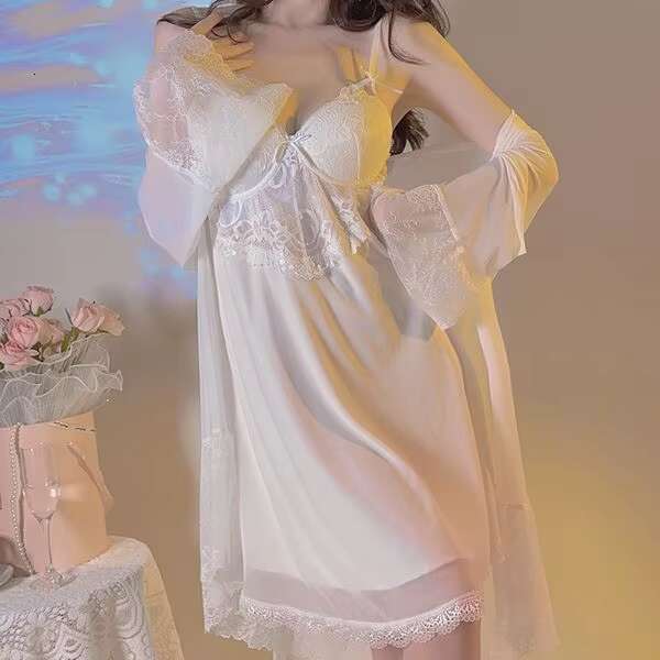 Lingerie Women Sheer Mesh Lace Slip Dress Chemise With Thong And Robe Set Sexy Sleepwear