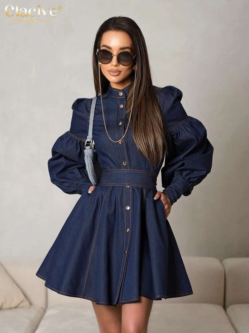 Clacive Fashion Slim Blue Denim Women's 2024 Elegant Stand Collar Long Sleeve Mini Dresses Vintage High Waist Female Dress
