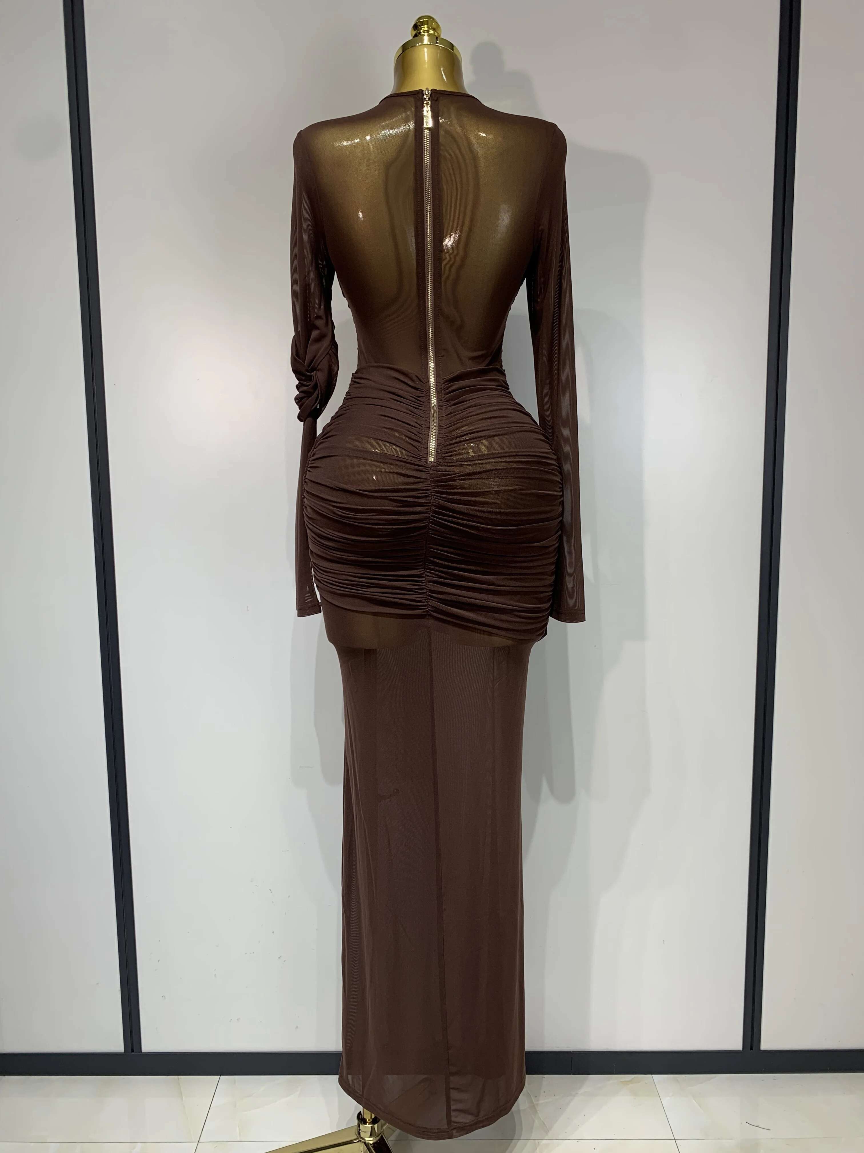 Elegant Brown Mesh Fold Long Sleeve Bodycon Dress Women 2025 Evening Party Club Sexy Perspective Fashion Birthday Dresses