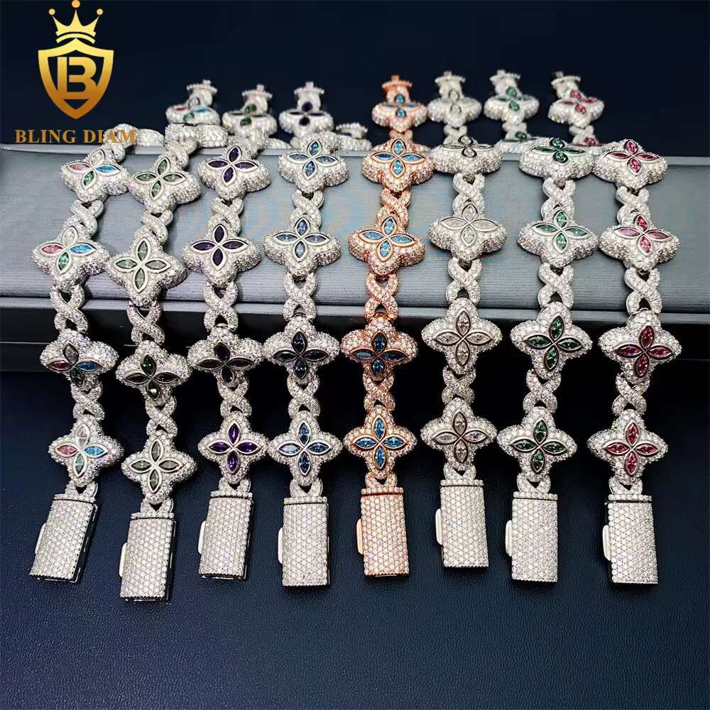 19mm Multiple Options Marquise Cut Flower New Design Colorful 925 Sliver Fancy Jewelry Moissanite Clover Iced Out Bracelet