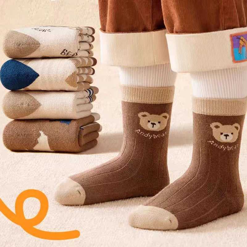 5 Pairs Winter Autumn Thicken Warm Kids Boys Half SOCKS Bear Striped Cute Cozy Soft Brushed Breathable CHIldren SOCKS G251124
