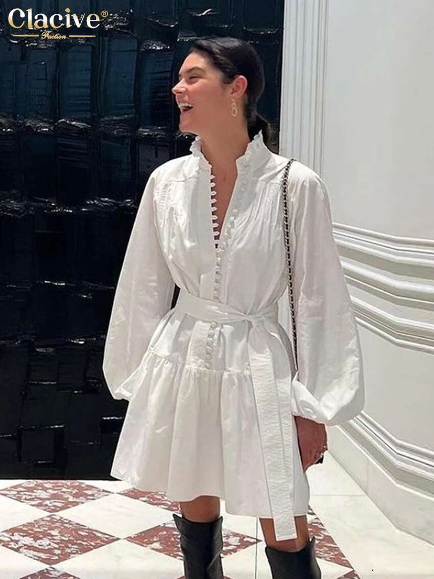 Clacive Fashion Loose White Cotton Casual Stand Collar Puff Sleeve Mini Dress Elegant Lace-Up Pleated Dresses For Women