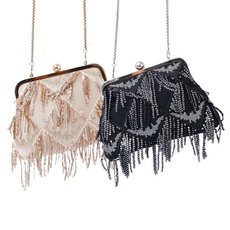 New Diagonal Straddle Tassel Evening Dress Banquet Women's Sequin Handheld Bag