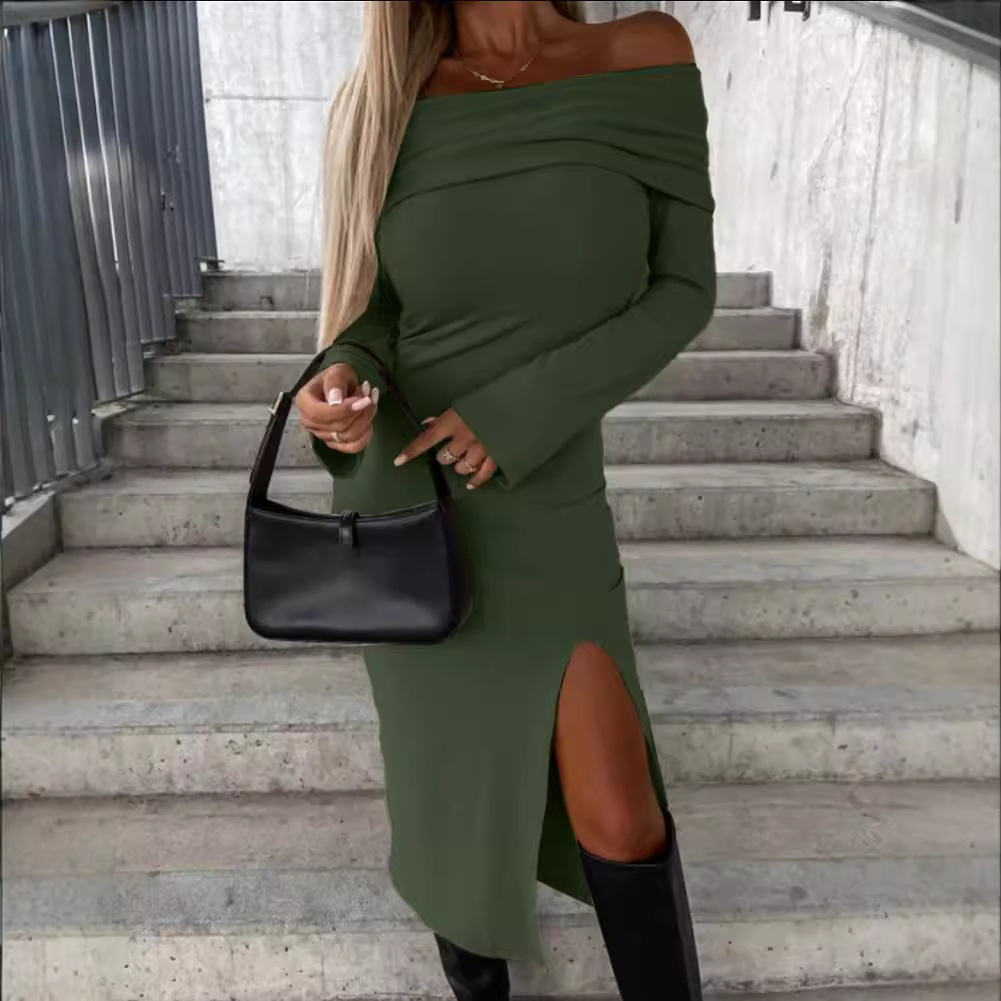 2023 Autumn/Winter New Long Sleeve Solid Color One Collar Split Dress for Women