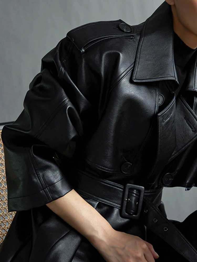 Lautaro Autumn Extra Long Oversized Black Faux Leather Trench Coat for Women Long Sleeve Belt Double Breasted Loose Fashion 2021 J251124