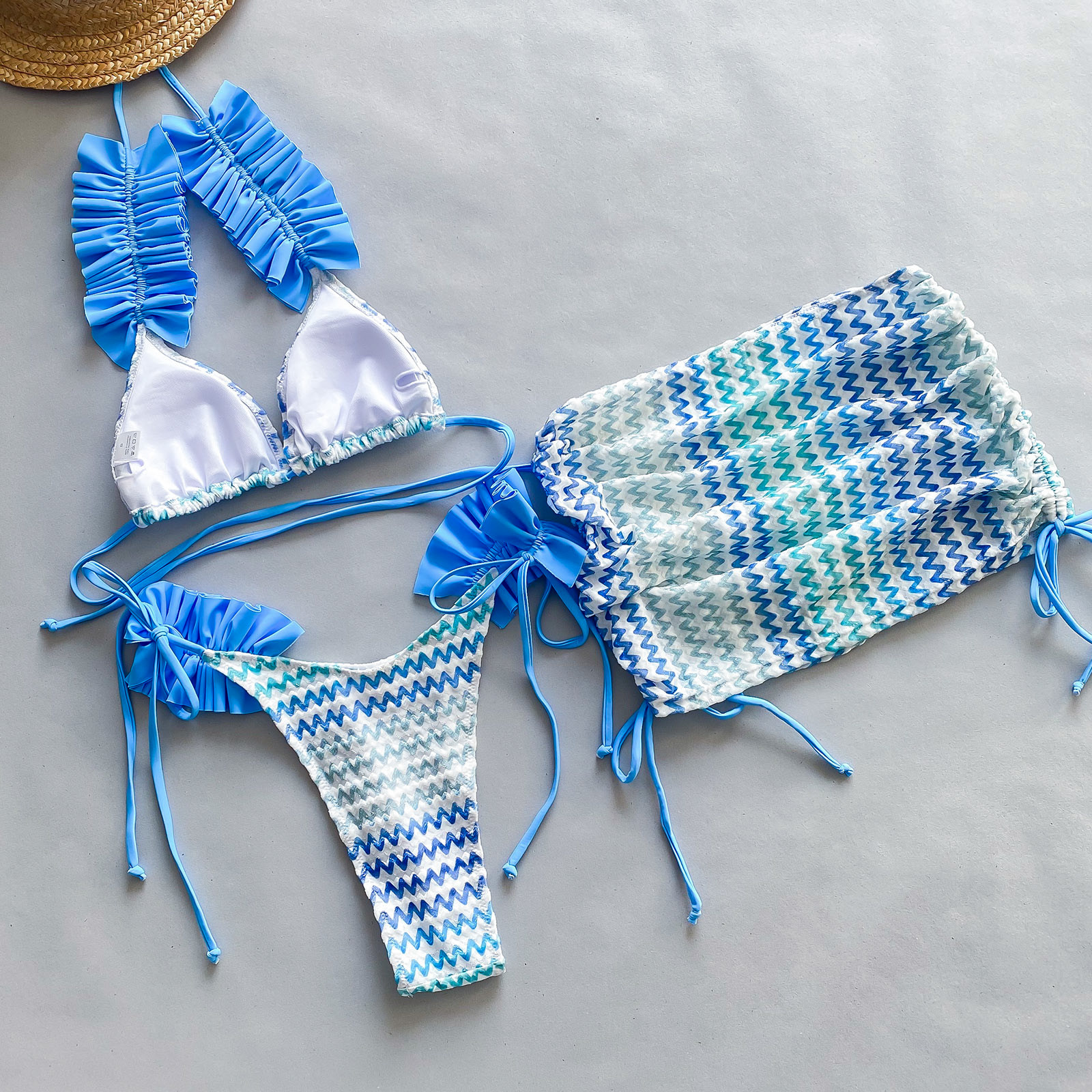 2025 Designer Women's Summer New Swimsuit Folding Printed Stripes Luxury Embroidered Metal Wire Fabric Bikini Sexy Split Women's Beach Wear