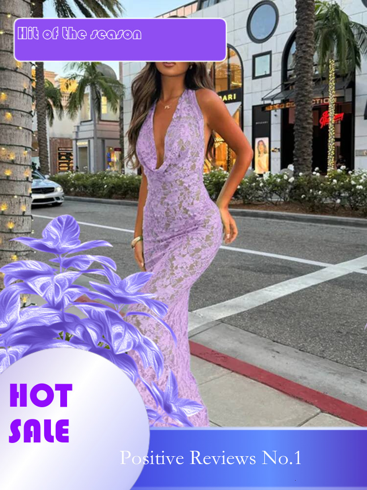Dongdumaoyi Townlike Maxi Long Perspective Lace Slim Bodycon Dress Women Halter Summer Backless Nightclub Sexy Party Dresses