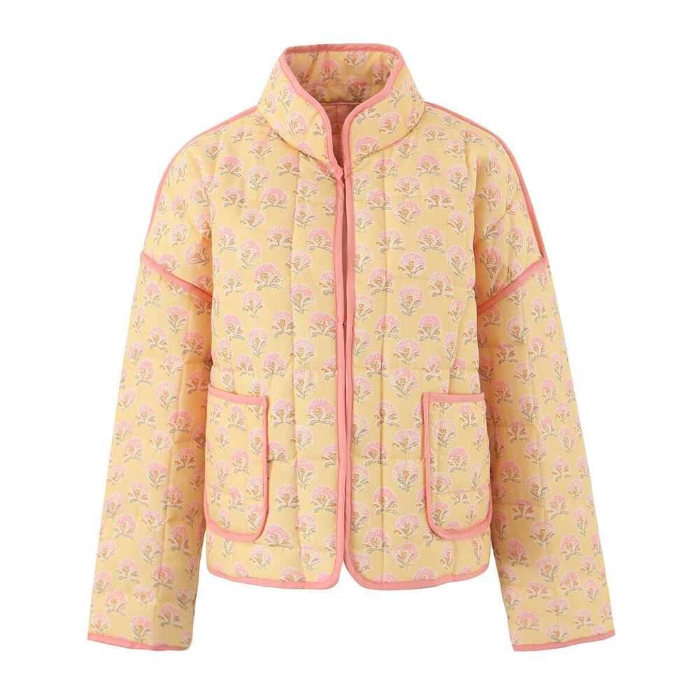 Designer Clothes Print Quilted Cotton Jacket Women Fashion Long Sleeved High Neck Coats Female Single Breasted Loose Coat Autumn New Outerwear