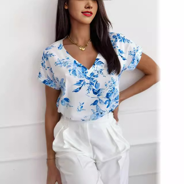 2024 summer simple and fashionable printed V-neck loose short sleeved shirt for women