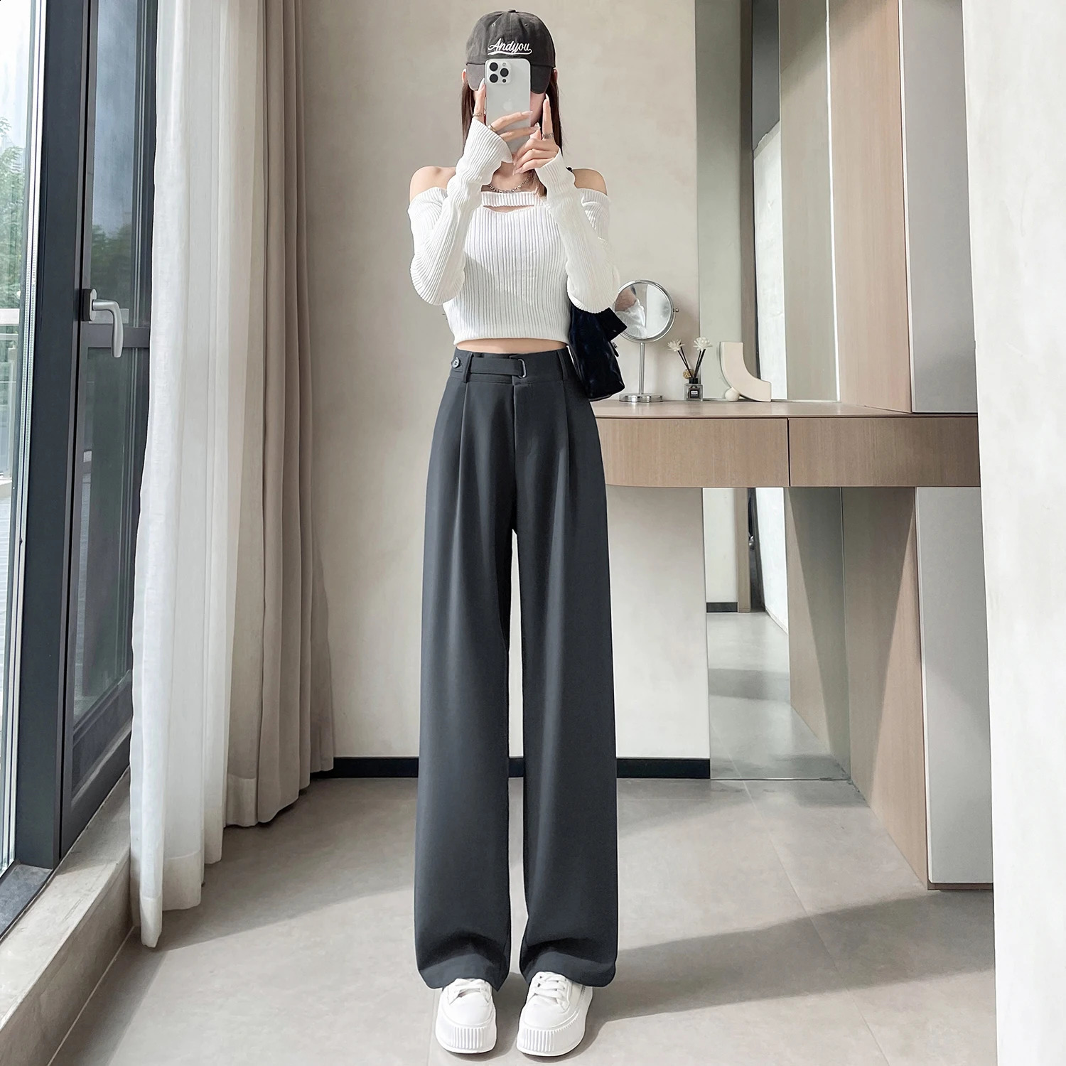 High Waist Button Suit Wide Leg Womens Full Pants Spring Autumn Red Female Elegant Minimalism Straight Loose Trousers 250421