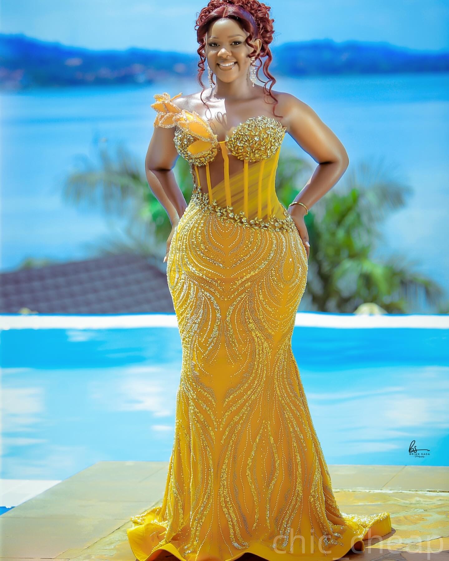 Mermaid Yellow Plus Size Prom Dresses 2025 Crystals Florals Sequined Evening Formal Party Second Birthday Engagement Gowns Dress For Special Occasions