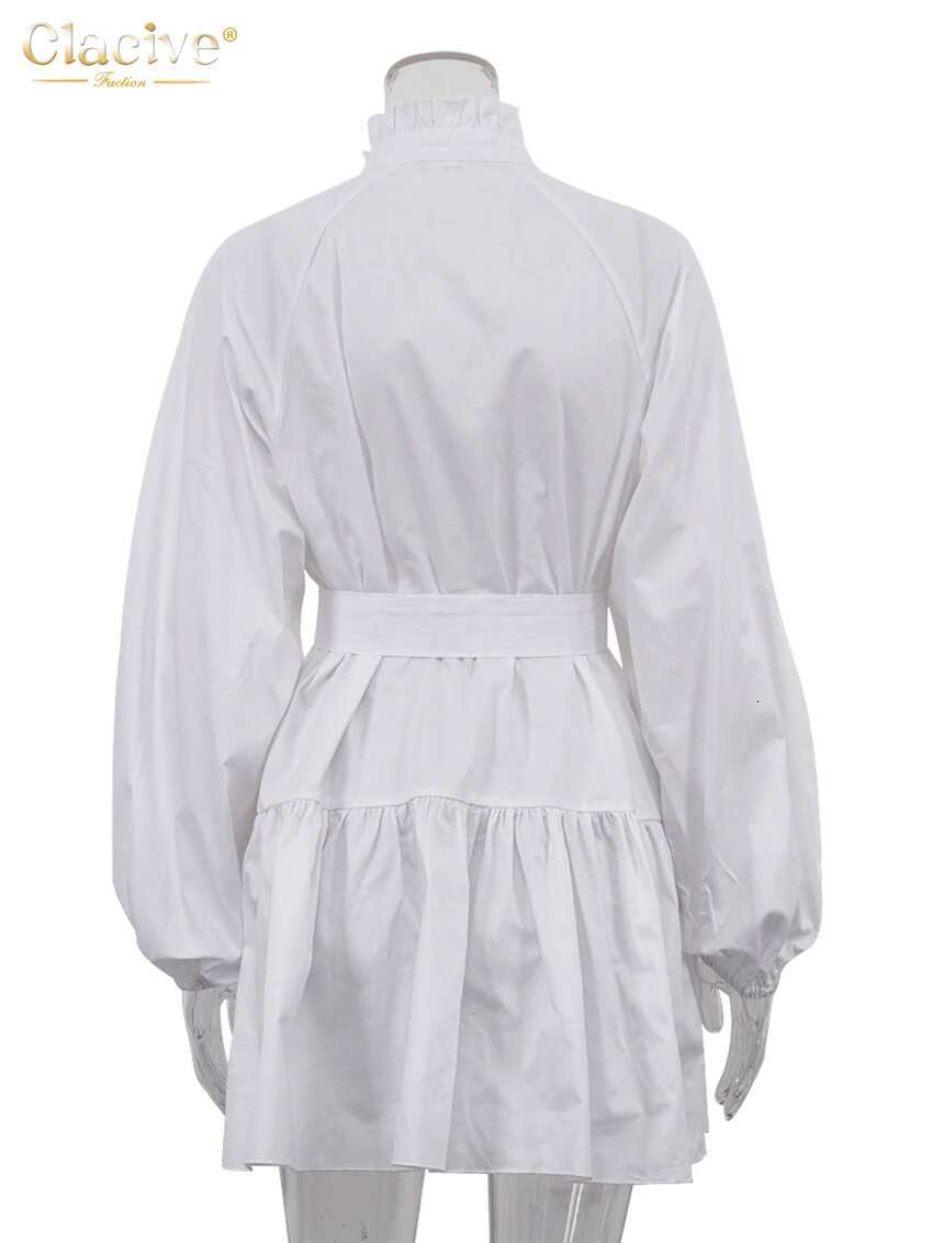 Clacive Fashion Loose White Cotton Casual Stand Collar Puff Sleeve Mini Dress Elegant Lace-Up Pleated Dresses For Women
