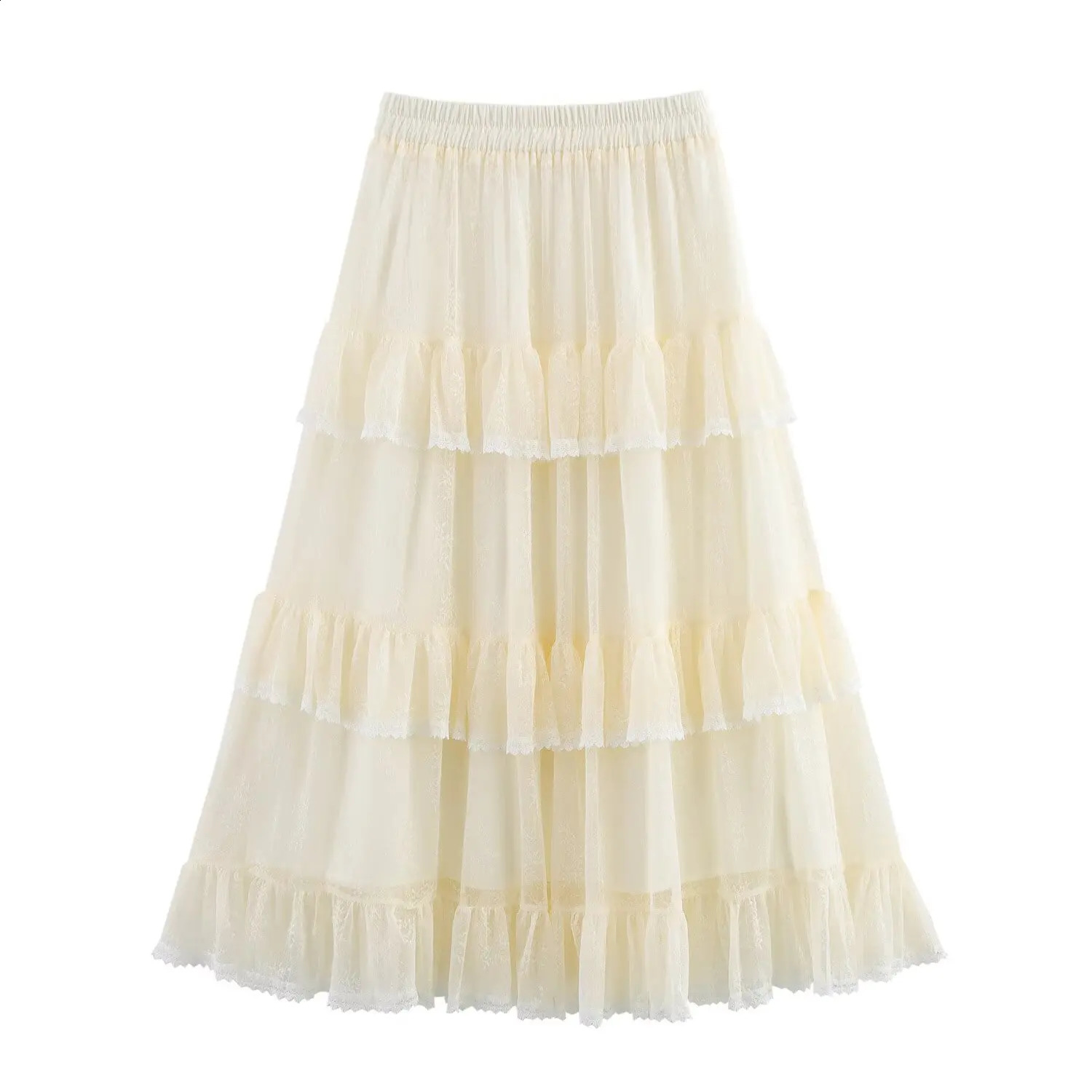 PB ZA205 summer womens clothing multilayer lace elastic waist pleated mesh large swing Aline skiing 250417