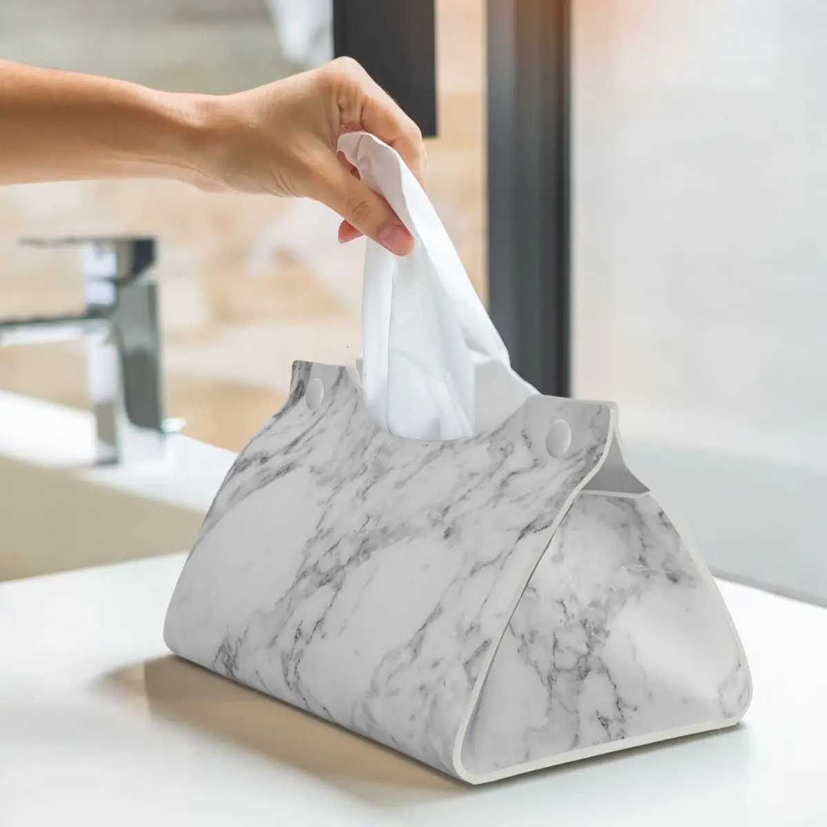 Custom White Gray Marble Pattern Tissue Box Holder Rectangular PU Leather Facial Tissue Box Cover for Car OfficeM251124