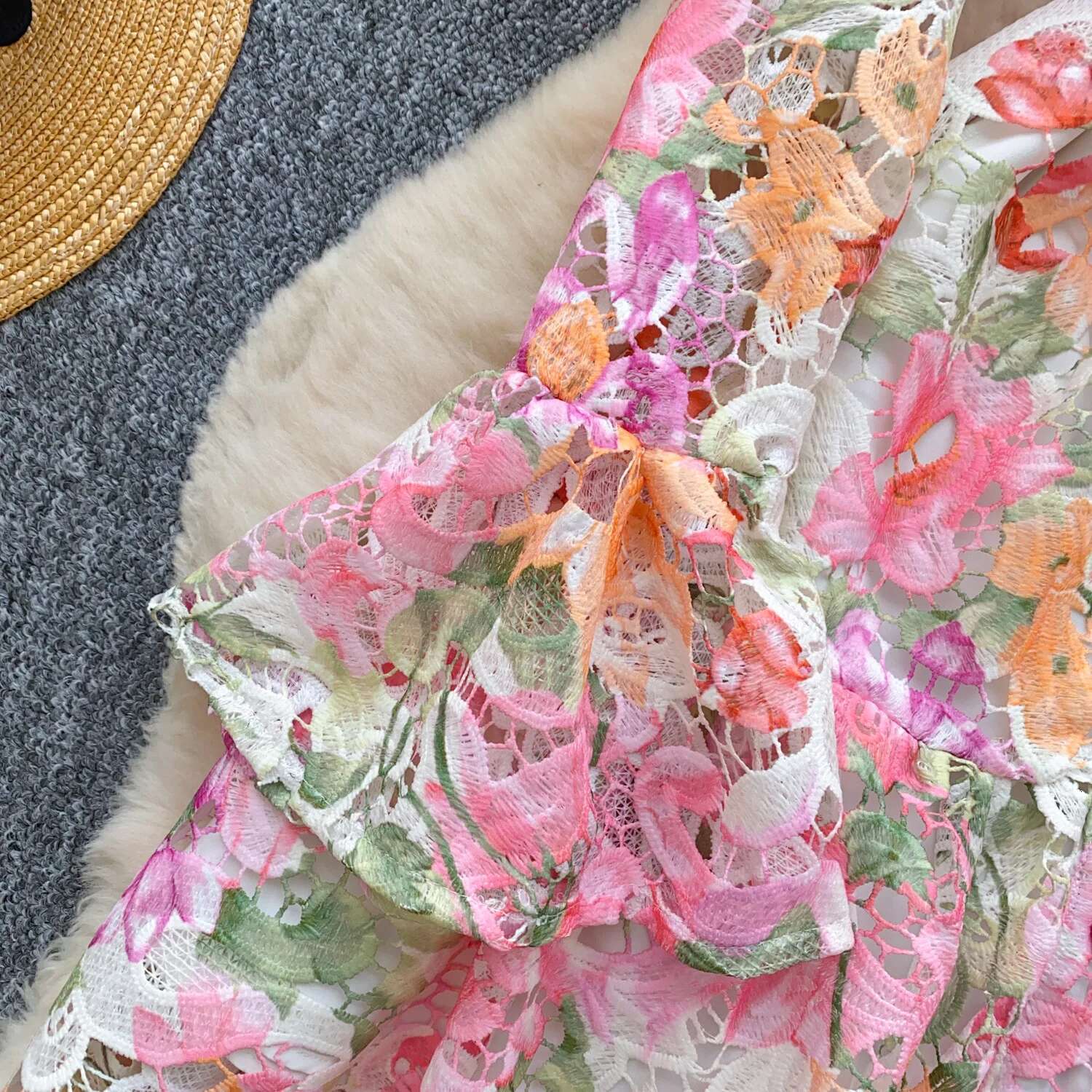 Elegant Flower Embroidery Lace Evening Dresses Women Summer Autumn Flare Long Sleeve Fancy Hollow Out Short Dress Party