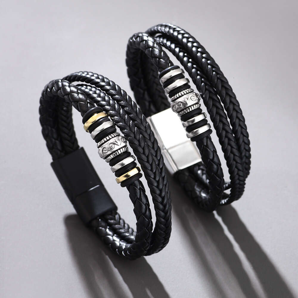 Leather laser metal ring magnetic buckle multi-layer woven PU leather bracelet sample