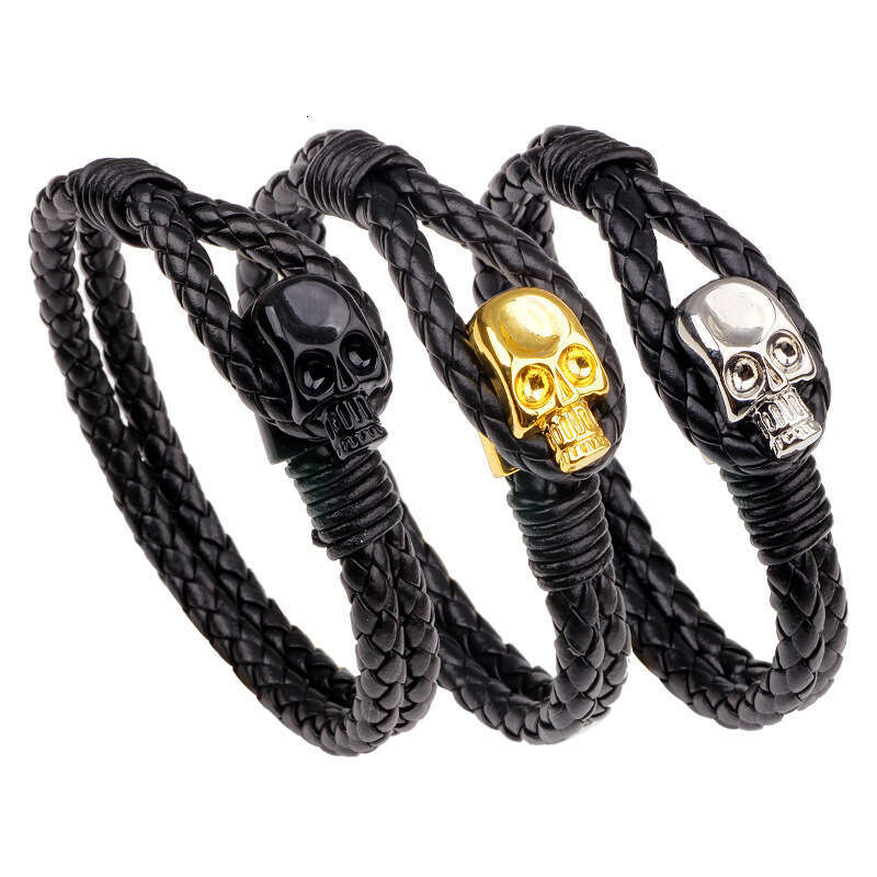 Temu hot selling personalized leather woven wristband skull head men's alloy buckle genuine cowhide bracelet trend