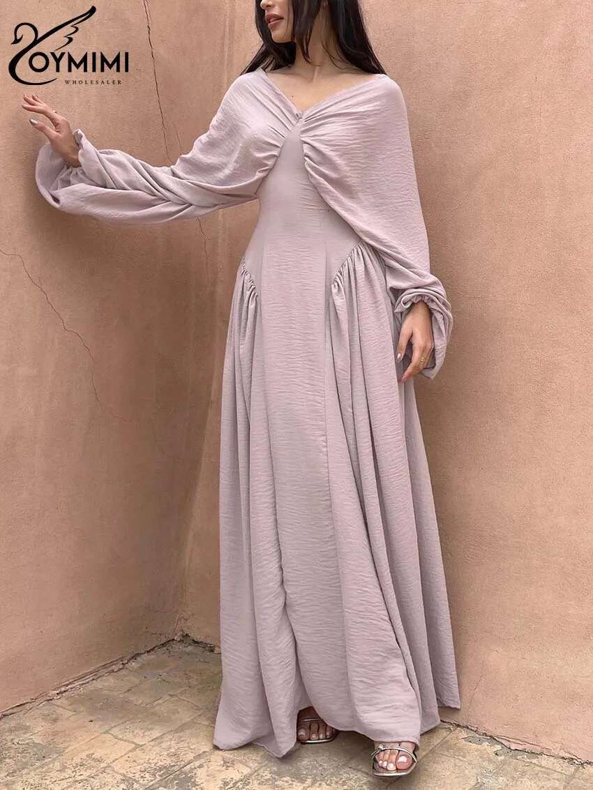Oymimi Fashion Pink Loose Women's Elegant V-Neck Long Sleeve Solid Dresses Spring Casual Pleated Floor-Length Dress Female