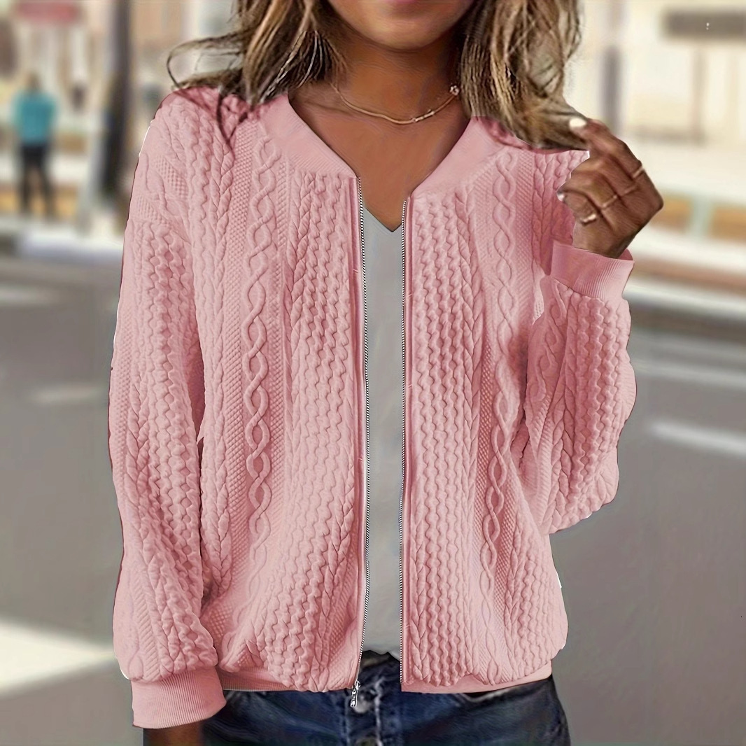 2024 autumn and winter new comfortable loose jacquard stand up collar zipper long sleeved sweatshirt jacket womens clothing