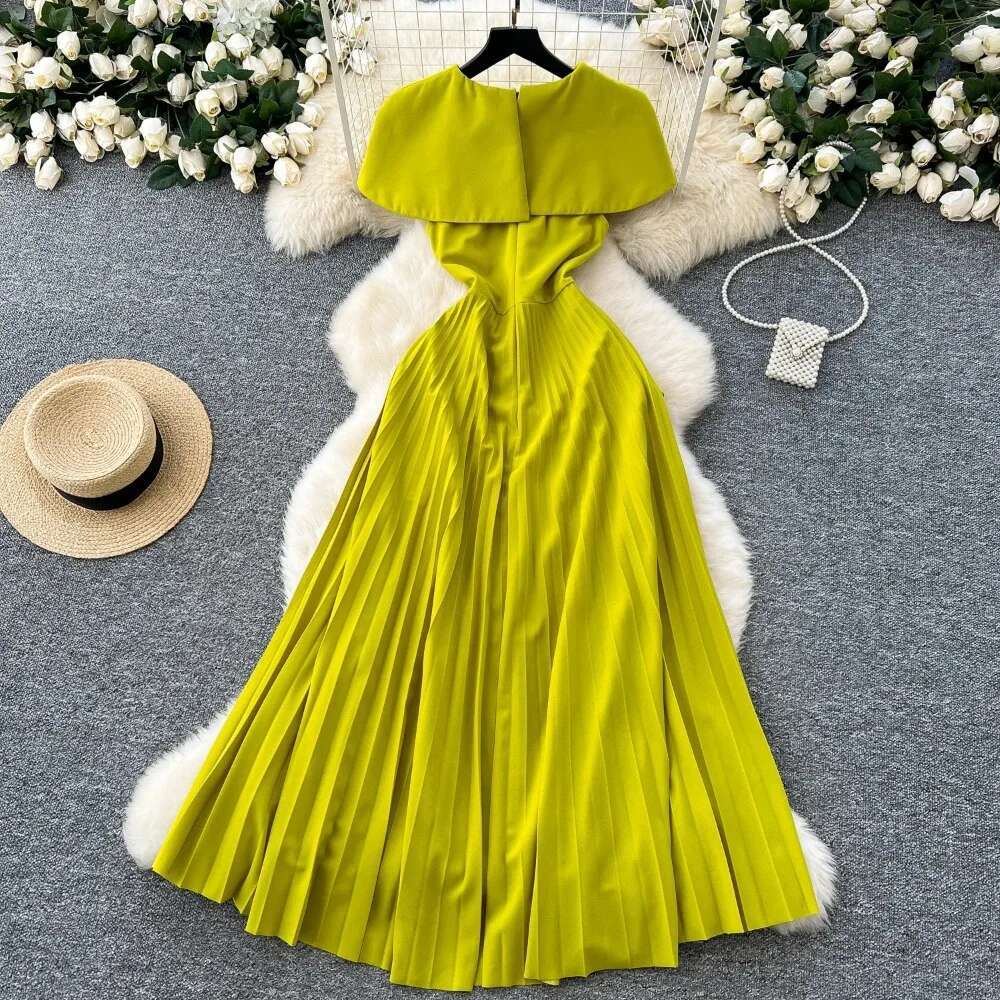Elegant O-Neck Vintage Cloak Sleeves Chic Asymmetrical Slim A-Line Pleated Dresses Evening Fashion Women High Street Clothing