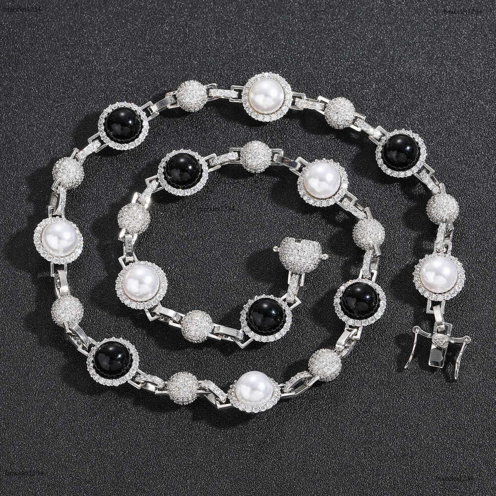Luxury hip hop micro-inlaid sterling silver ice out VVS Moissanite black and white pearl necklace, men and women's cascading chain Free delivery