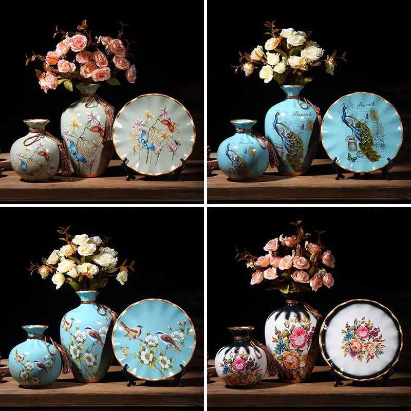 3Pcs/Set Ceramic Vase Dried Flowers Arrangement Wobble Plate Living Room Entrance Ornaments Home Decorations C251124
